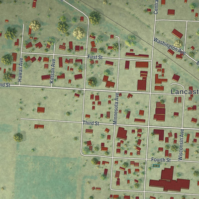 Close-up of the map of Lancaster, Minnesota print showing street and building detail