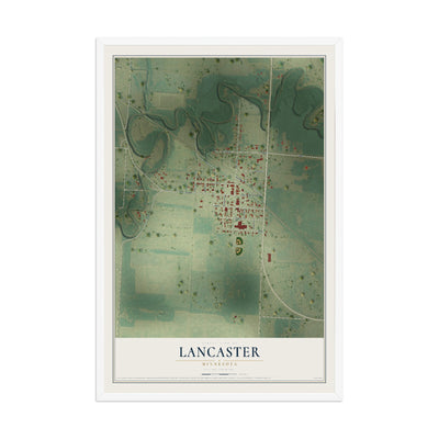 Map of Lancaster, Minnesota, 12 x 18 inch print in a white wood frame