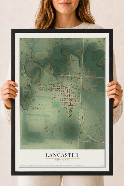 Map of Lancaster, Minnesota, 18 x 24 inch print in a black wood frame