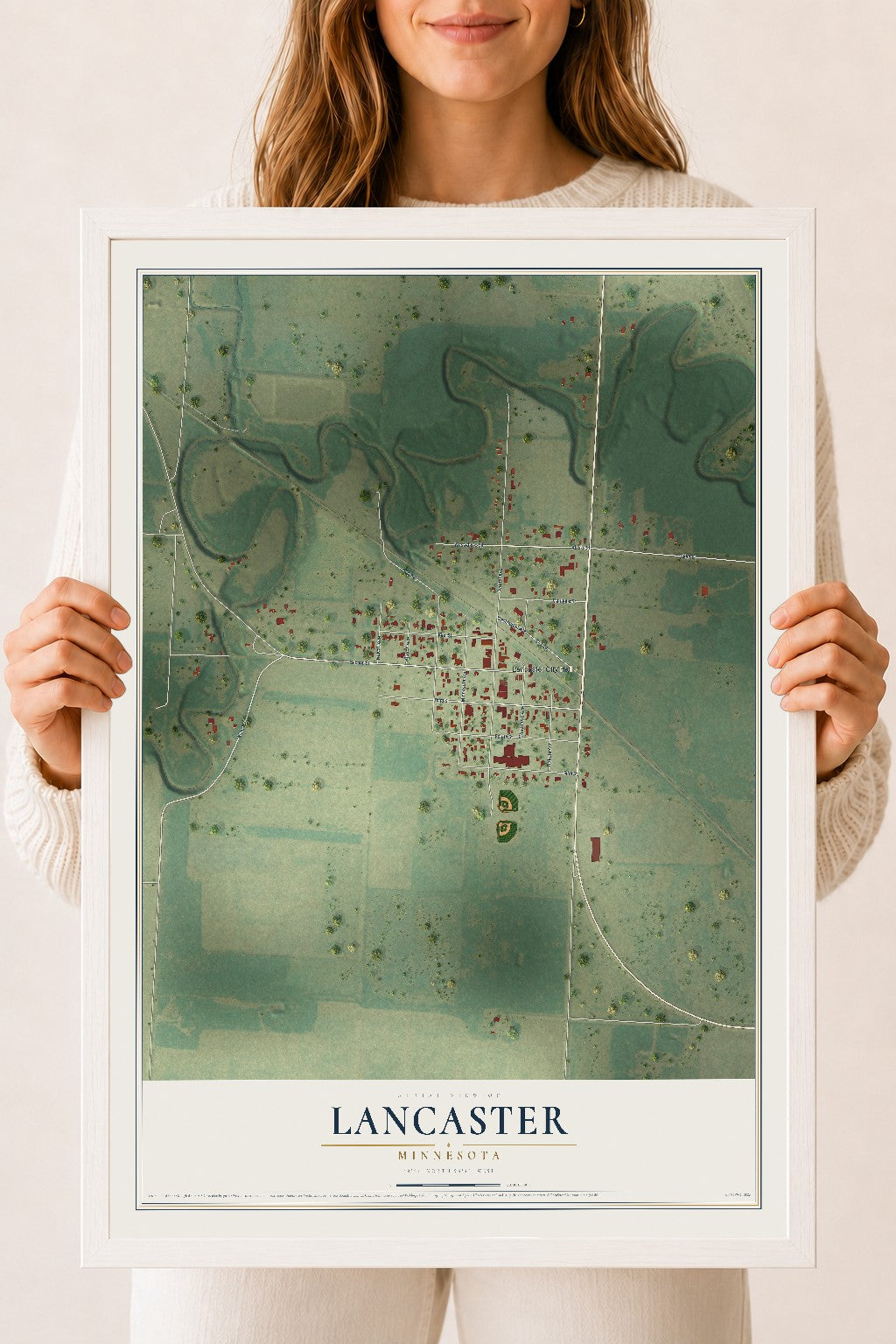 Map of Lancaster, Minnesota, 18 x 24 inch print in a white wood frame