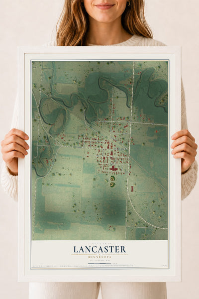 Map of Lancaster, Minnesota, 18 x 24 inch print in a white wood frame