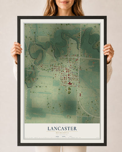 Map of Lancaster, Minnesota, 24 x 36 inch print in a black wood frame