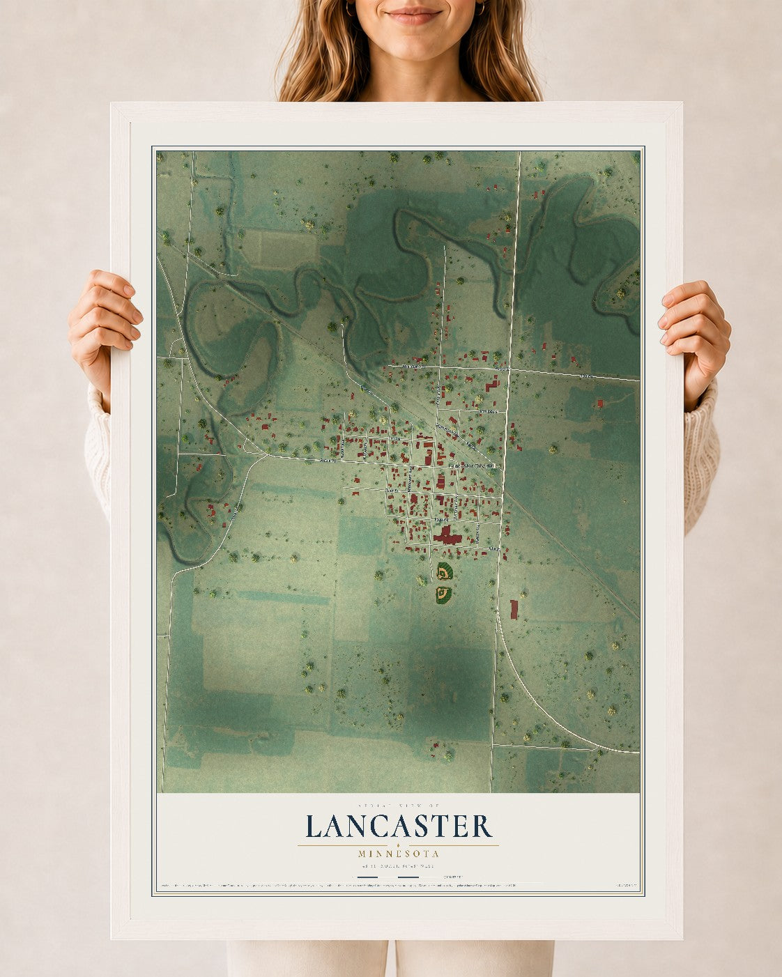 Map of Lancaster, Minnesota, 24 x 36 inch print in a white wood frame