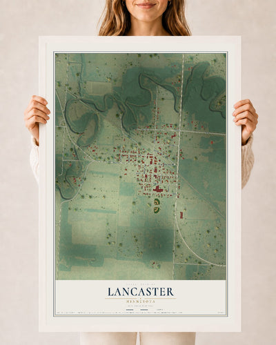 Map of Lancaster, Minnesota, 24 x 36 inch print in a white wood frame