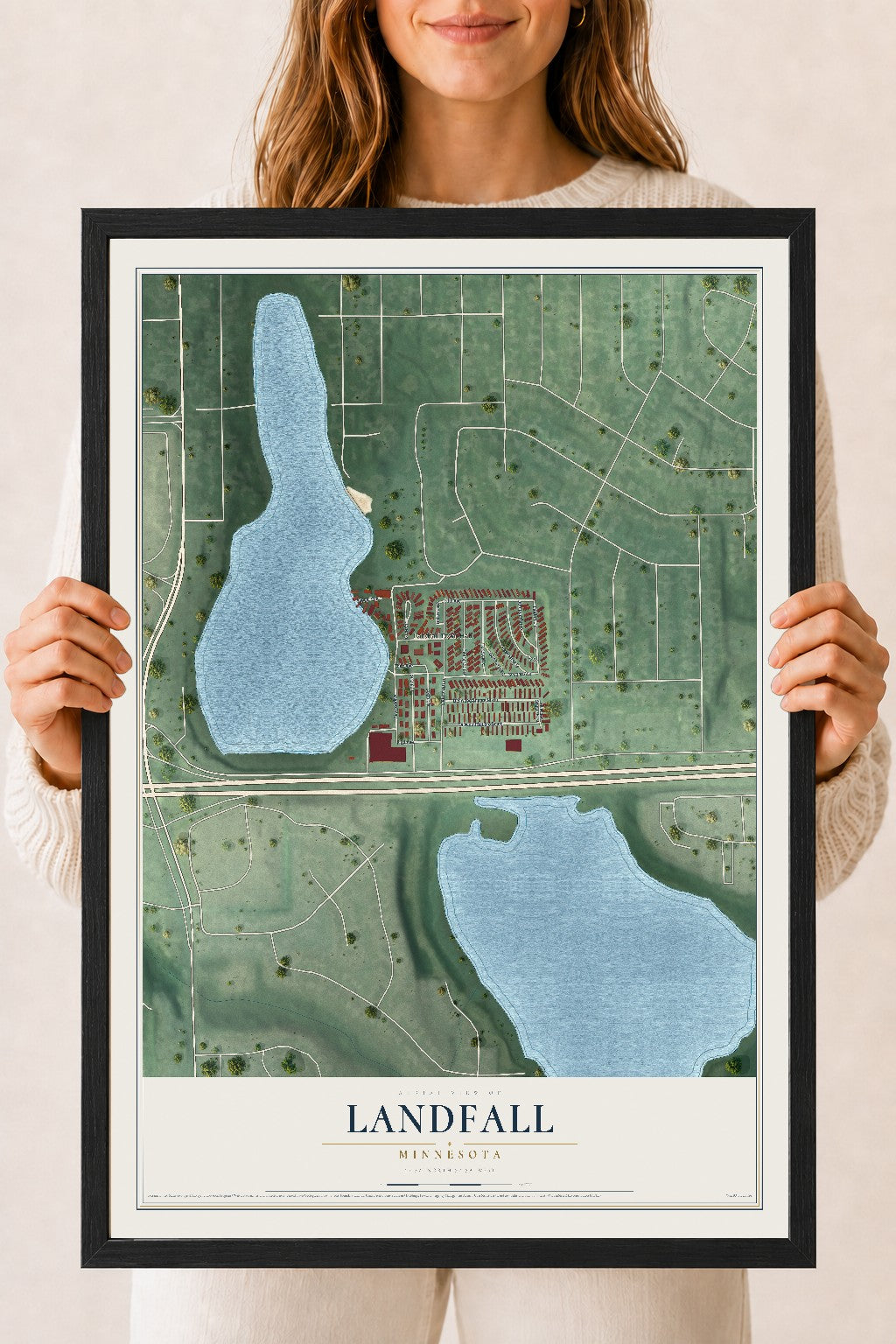 Map of Landfall, Minnesota, 18 x 24 inch print in a black wood frame