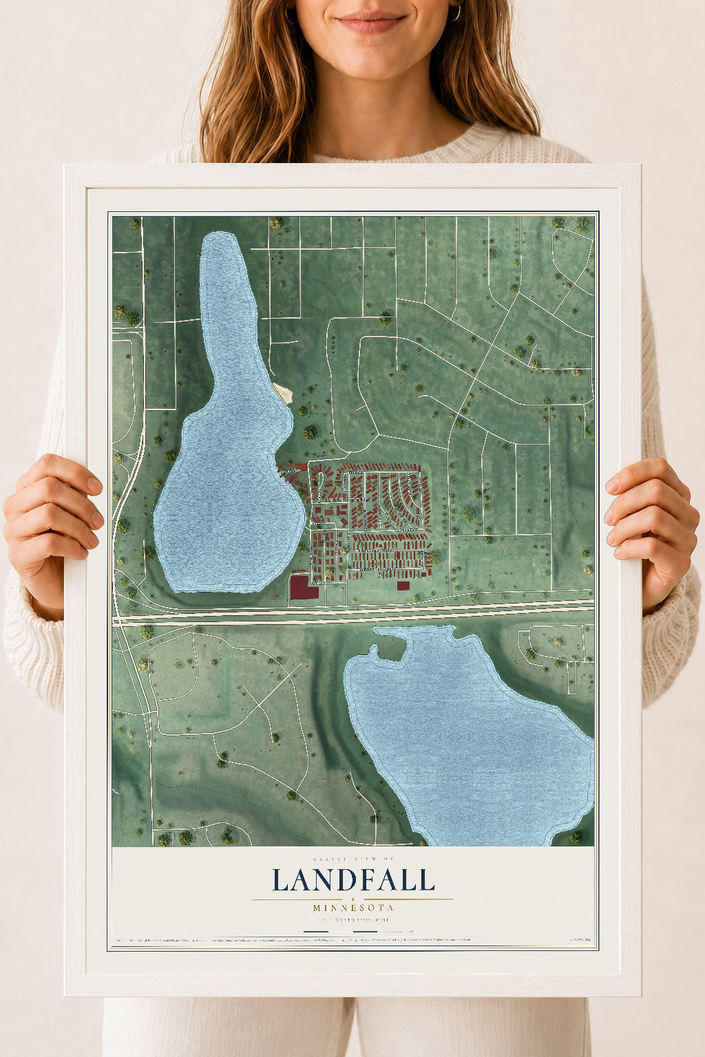 Map of Landfall, Minnesota, 18 x 24 inch print in a white wood frame