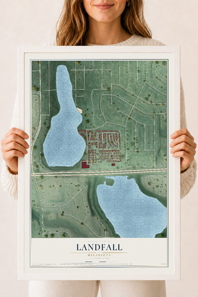 Map of Landfall, Minnesota, 18 x 24 inch print in a white wood frame