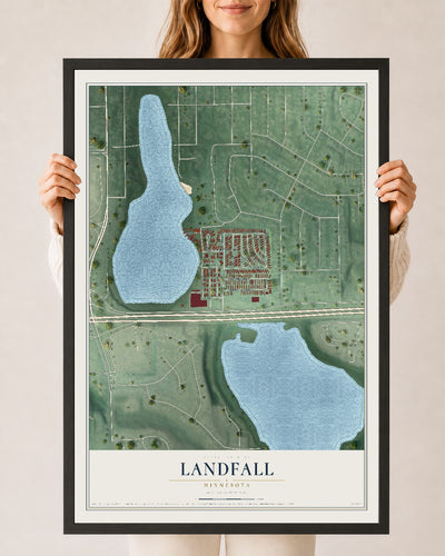 Map of Landfall, Minnesota, 24 x 36 inch print in a black wood frame