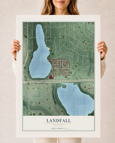 Map of Landfall, Minnesota, 24 x 36 inch print in a white wood frame