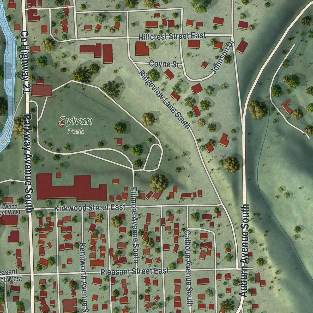 Close-up of the map of Lanesboro, Minnesota print showing street and building detail