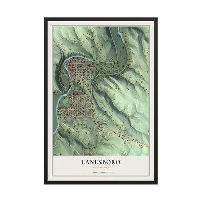 Map of Lanesboro, Minnesota, 12 x 18 inch print in a black wood frame