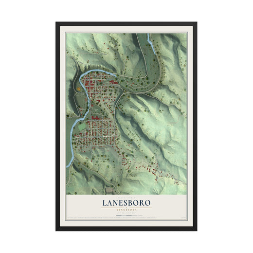Map of Lanesboro, Minnesota, 12 x 18 inch print in a black wood frame