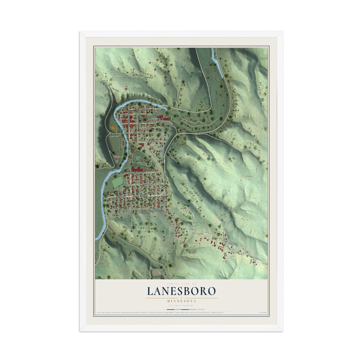 Map of Lanesboro, Minnesota, 12 x 18 inch print in a white wood frame