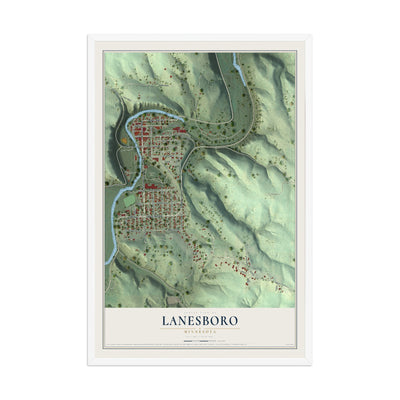 Map of Lanesboro, Minnesota, 12 x 18 inch print in a white wood frame