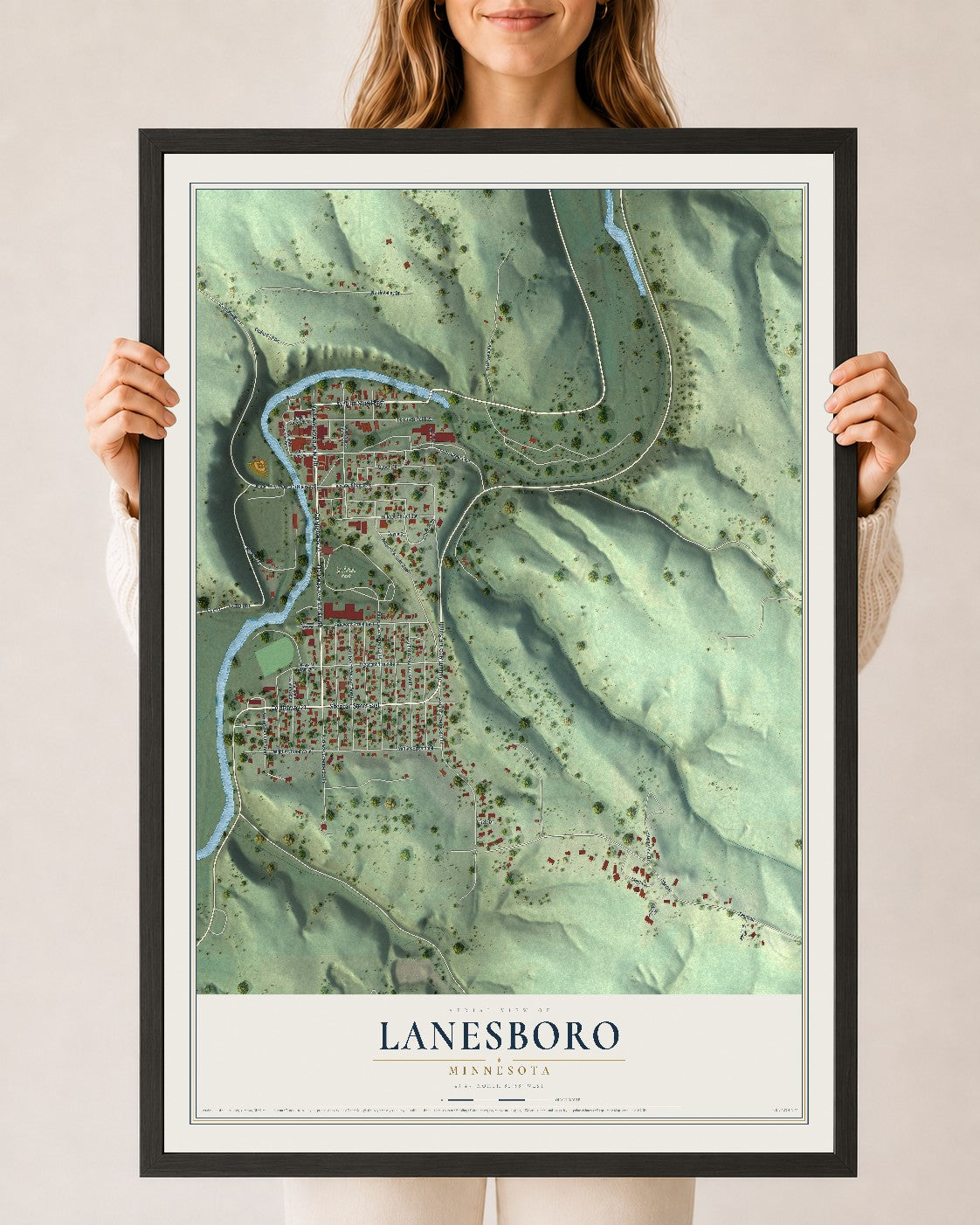 Map of Lanesboro, Minnesota, 24 x 36 inch print in a black wood frame
