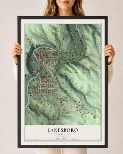 Map of Lanesboro, Minnesota, 24 x 36 inch print in a black wood frame