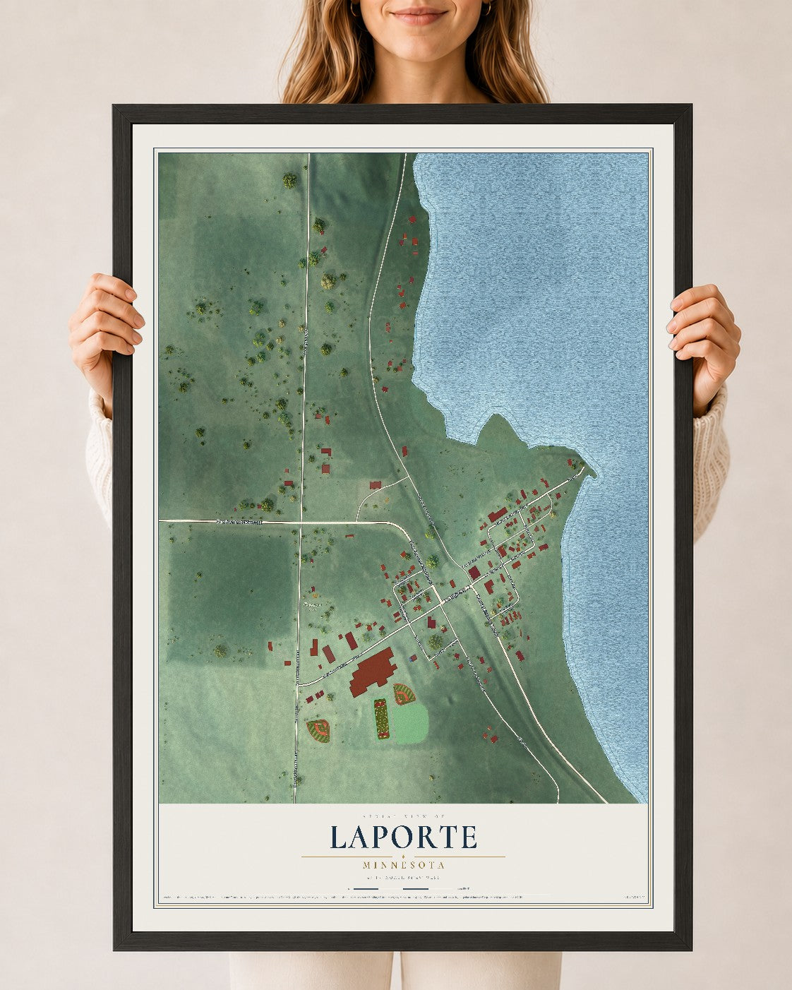 Map of Laporte, Minnesota, 24 x 36 inch print in a black wood frame
