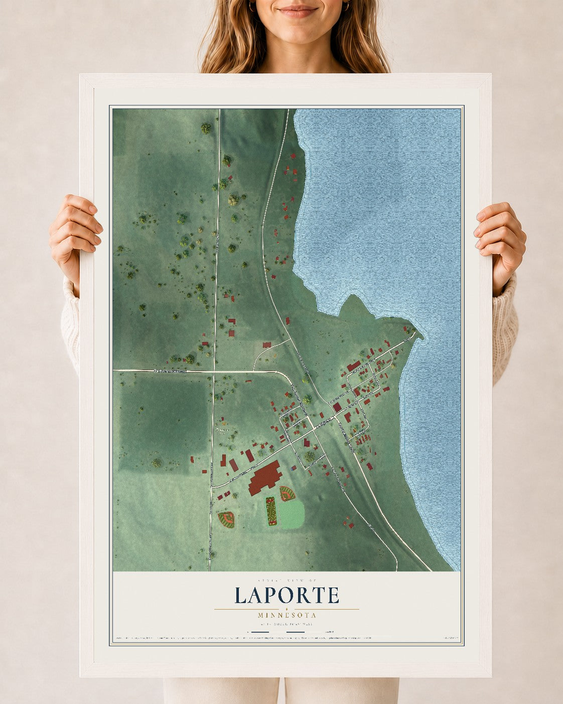 Map of Laporte, Minnesota, 24 x 36 inch print in a white wood frame