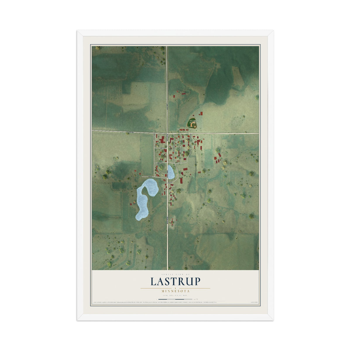 Map of Lastrup, Minnesota, 12 x 18 inch print in a white wood frame