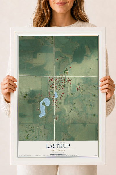 Map of Lastrup, Minnesota, 18 x 24 inch print in a white wood frame