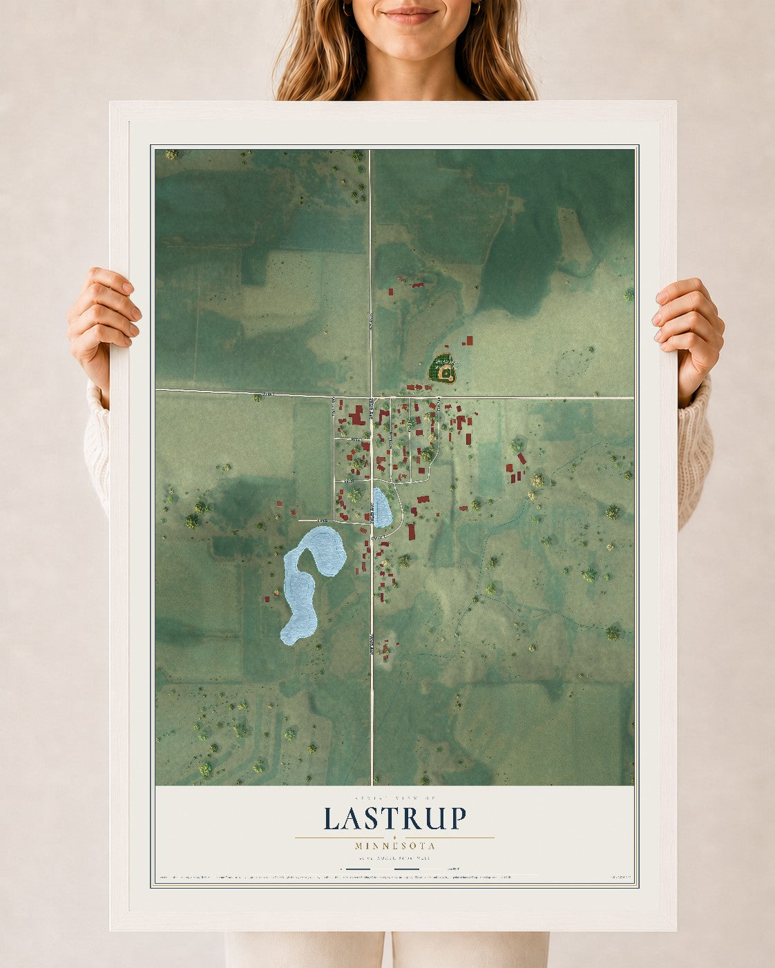 Map of Lastrup, Minnesota, 24 x 36 inch print in a white wood frame