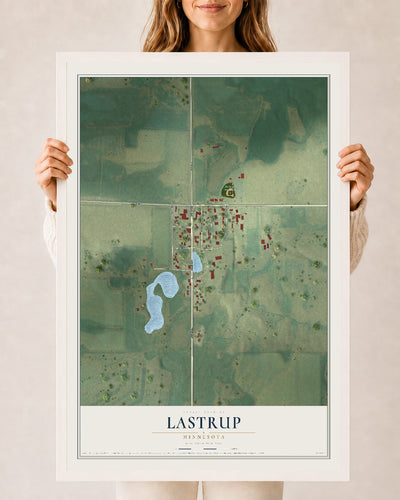 Map of Lastrup, Minnesota, 24 x 36 inch print in a white wood frame