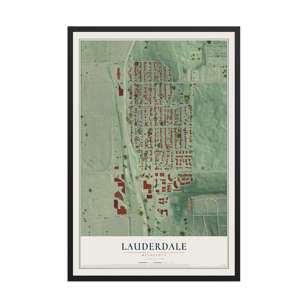 Map of Lauderdale, Minnesota, 12 x 18 inch print in a black wood frame