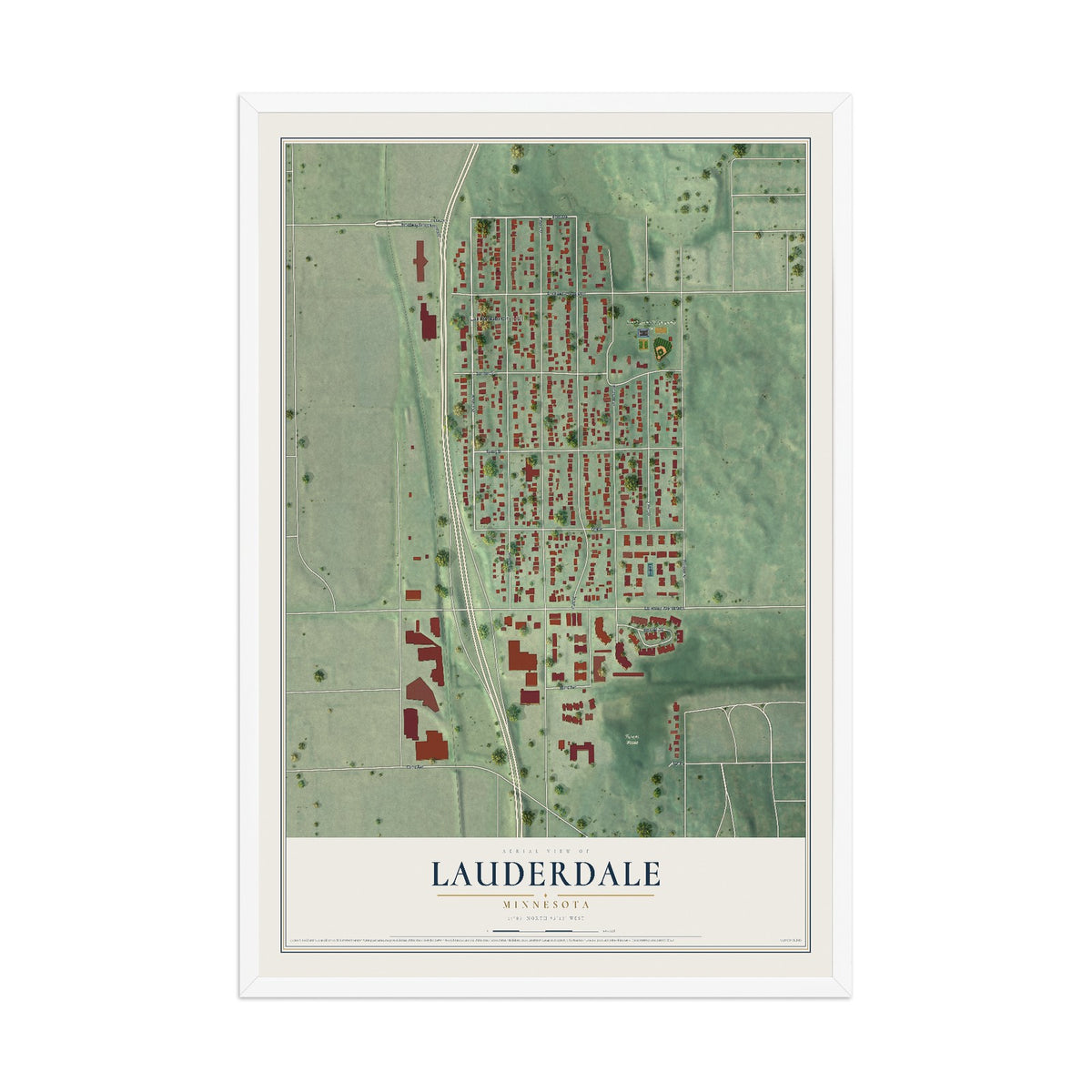Map of Lauderdale, Minnesota, 12 x 18 inch print in a white wood frame