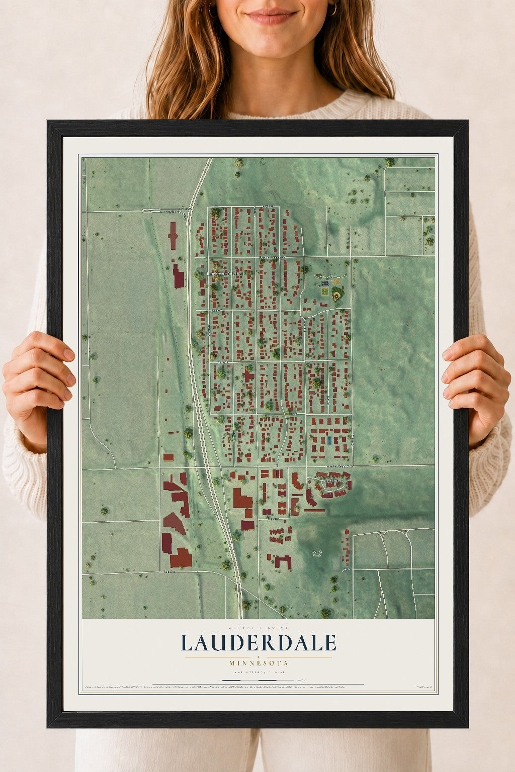 Map of Lauderdale, Minnesota, 18 x 24 inch print in a black wood frame