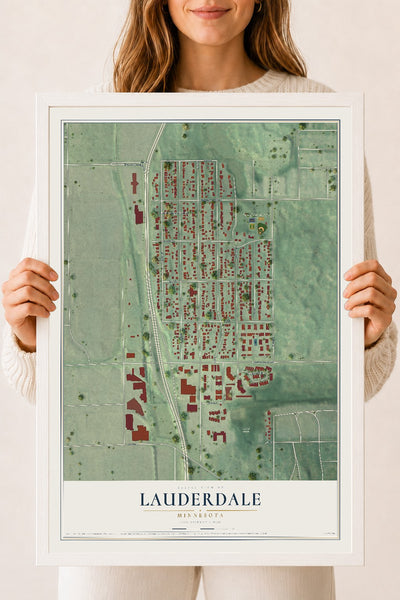 Map of Lauderdale, Minnesota, 18 x 24 inch print in a white wood frame