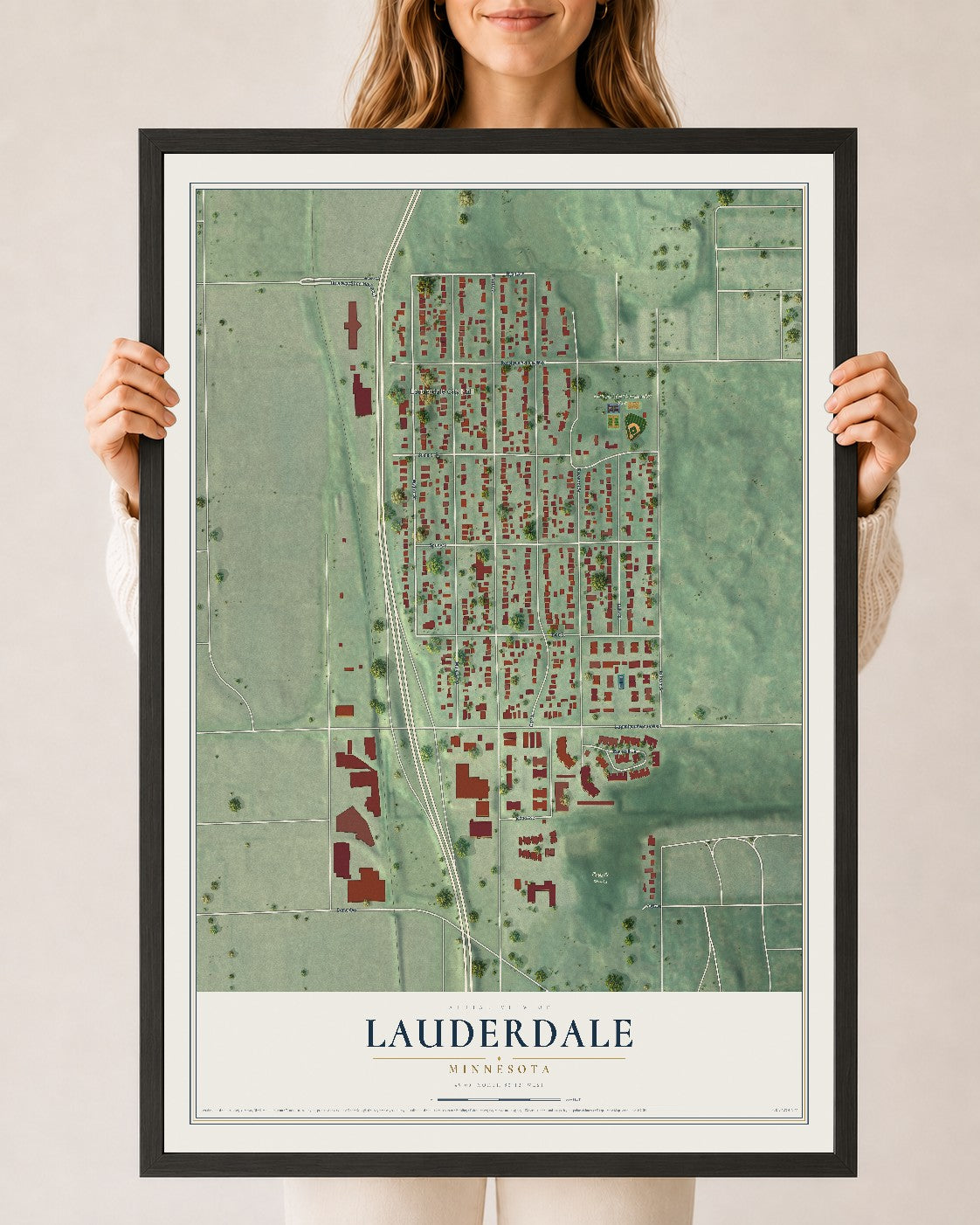 Map of Lauderdale, Minnesota, 24 x 36 inch print in a black wood frame