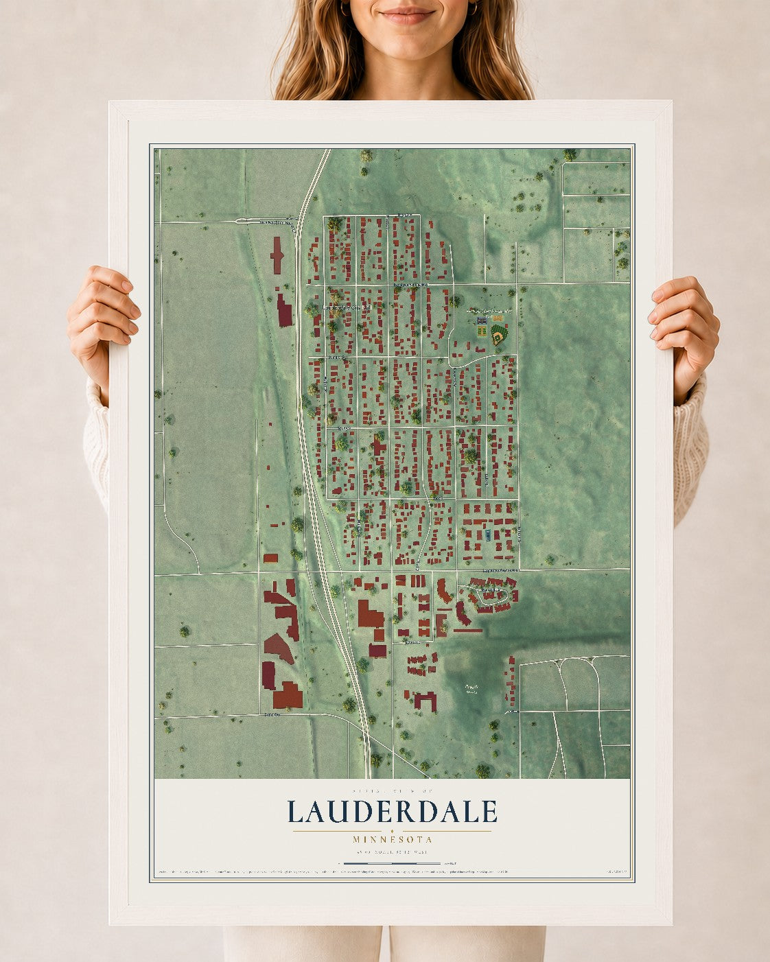 Map of Lauderdale, Minnesota, 24 x 36 inch print in a white wood frame