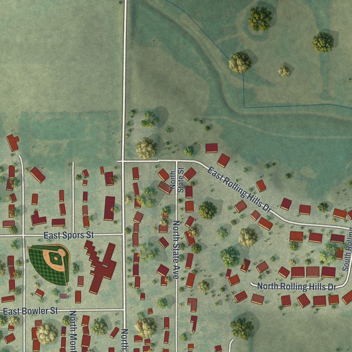 Second close-up of the map of Le Center, Minnesota print showing more streets and buildings