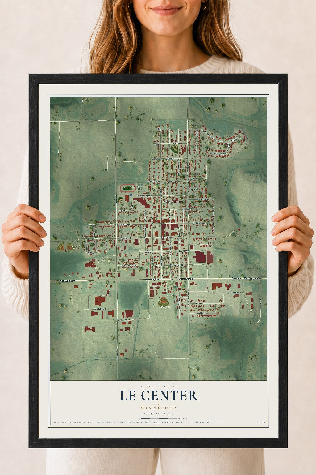 Map of Le Center, Minnesota, 18 x 24 inch print in a black wood frame
