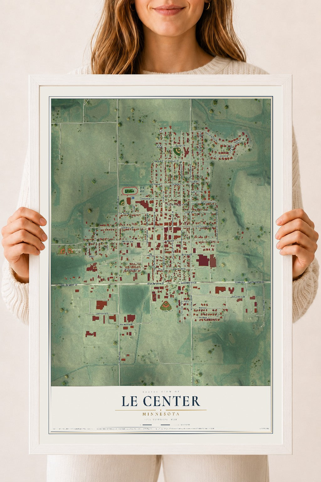 Map of Le Center, Minnesota, 18 x 24 inch print in a white wood frame