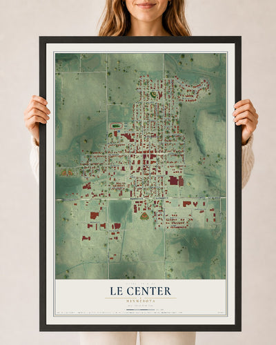 Map of Le Center, Minnesota, 24 x 36 inch print in a black wood frame