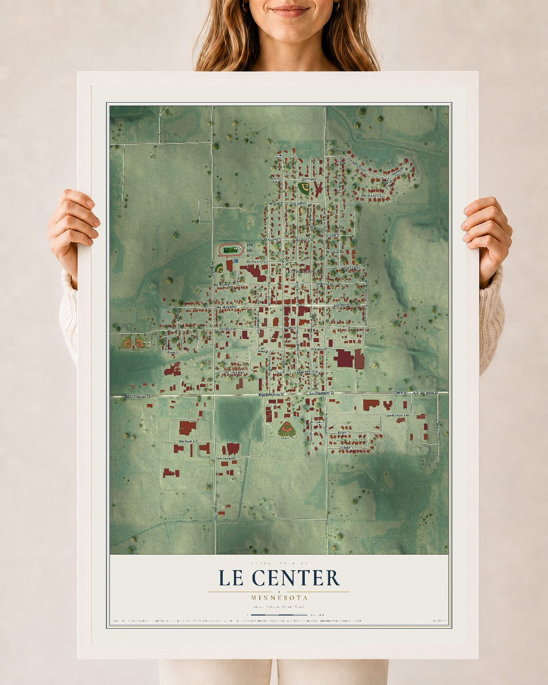 Map of Le Center, Minnesota, 24 x 36 inch print in a white wood frame