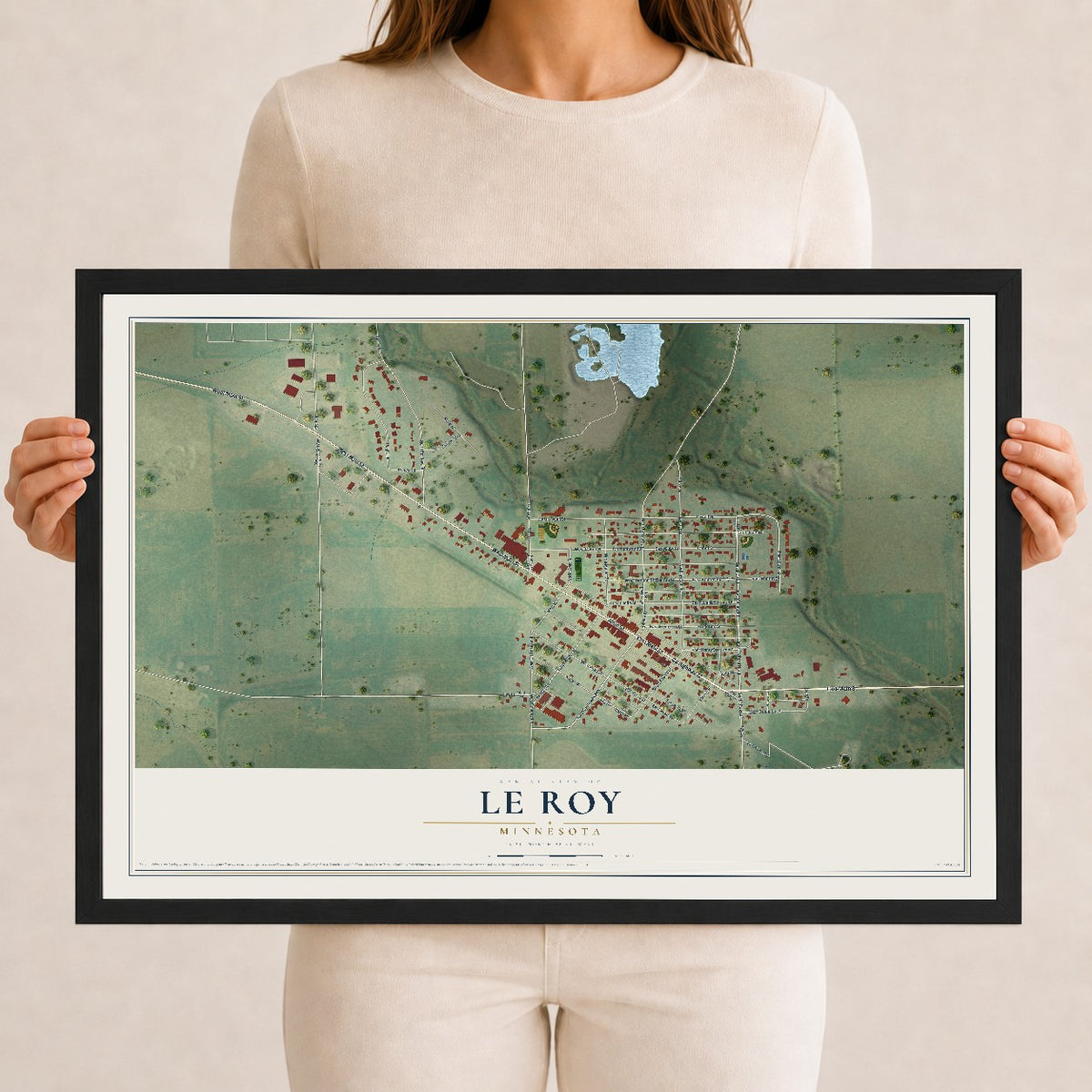 Map of Le Roy, Minnesota, 12 x 18 inch print in a black wood frame