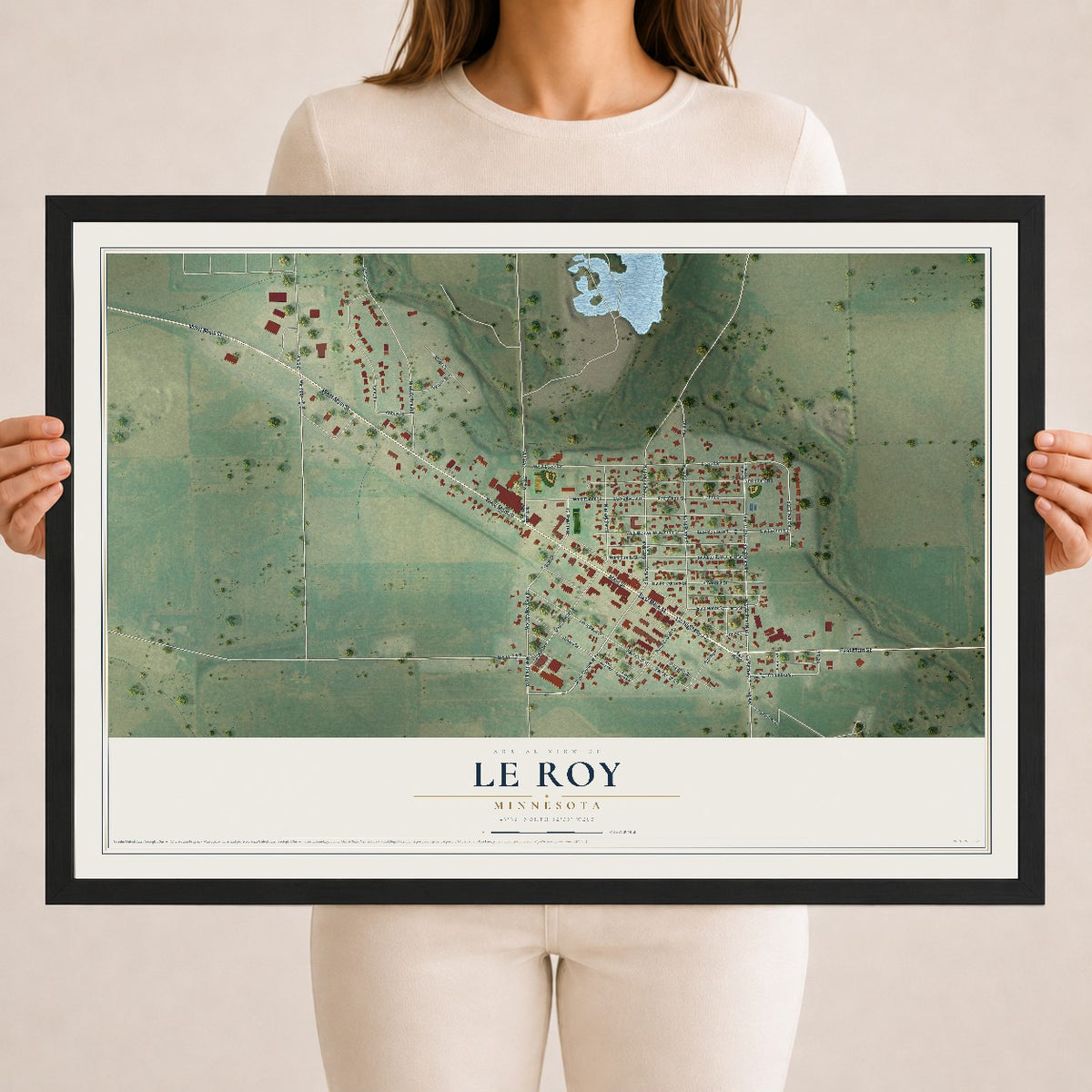 Map of Le Roy, Minnesota, 18 x 24 inch print in a black wood frame