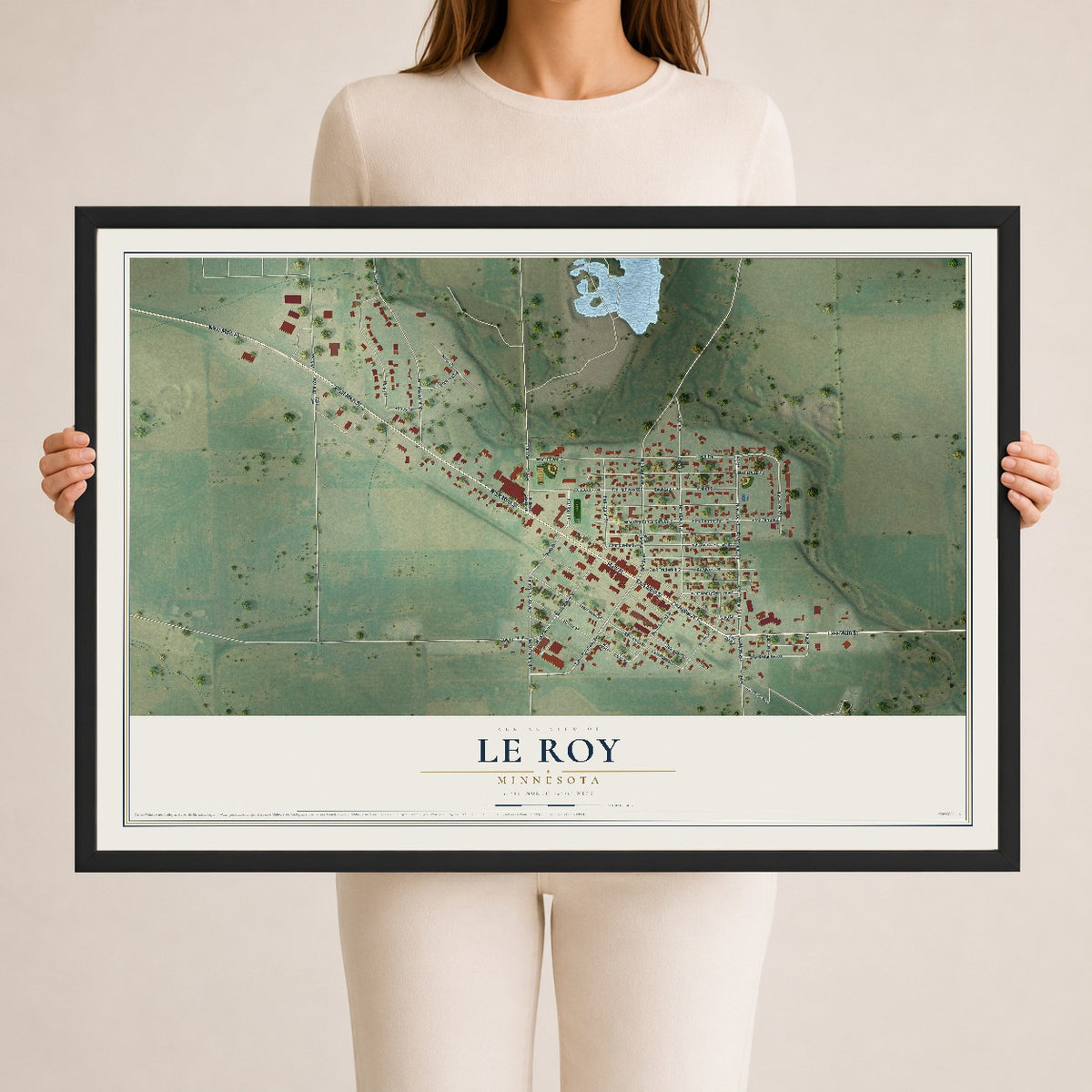 Map of Le Roy, Minnesota, 24 x 36 inch print in a black wood frame