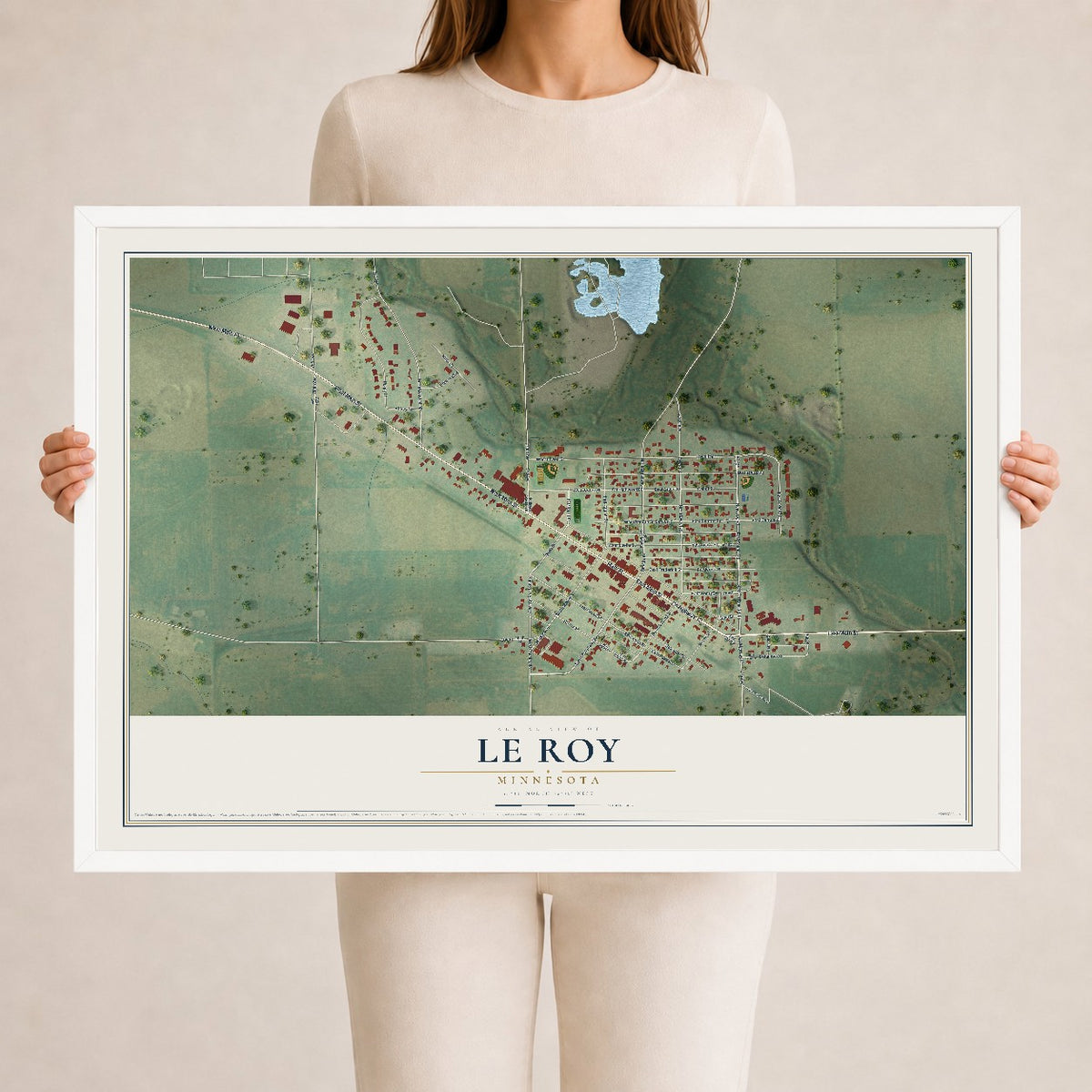 Map of Le Roy, Minnesota, 24 x 36 inch print in a white wood frame