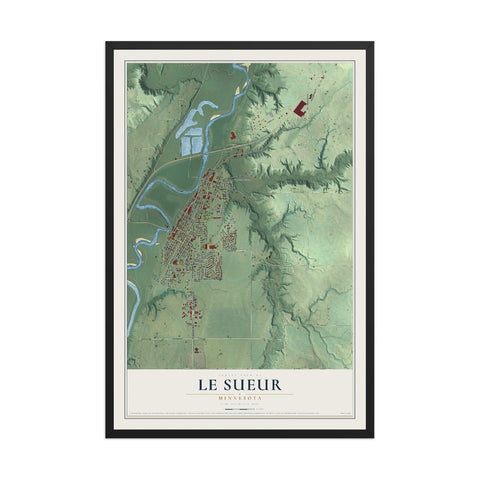 Map of Le Sueur, Minnesota, 12 x 18 inch print in a black wood frame