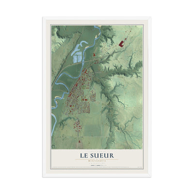 Map of Le Sueur, Minnesota, 12 x 18 inch print in a white wood frame