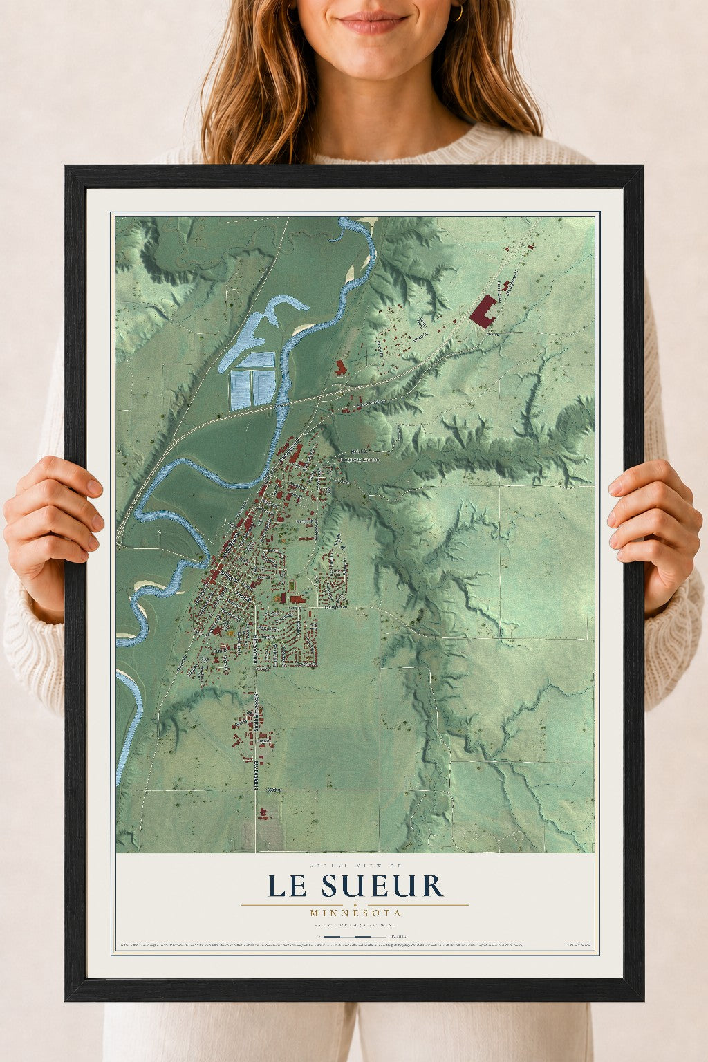 Map of Le Sueur, Minnesota, 18 x 24 inch print in a black wood frame