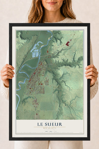 Map of Le Sueur, Minnesota, 18 x 24 inch print in a black wood frame