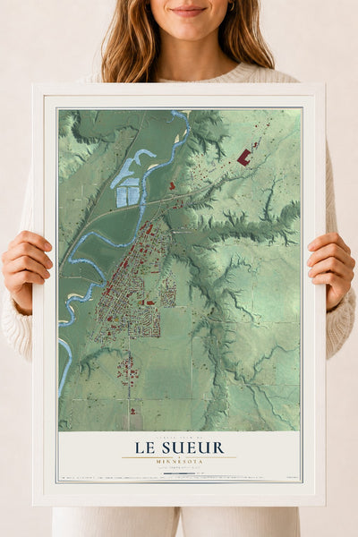 Map of Le Sueur, Minnesota, 18 x 24 inch print in a white wood frame