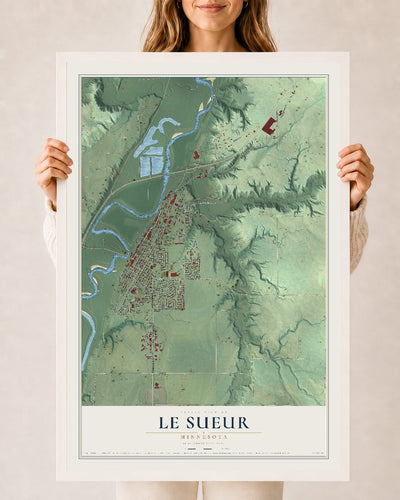 Map of Le Sueur, Minnesota, 24 x 36 inch print in a white wood frame