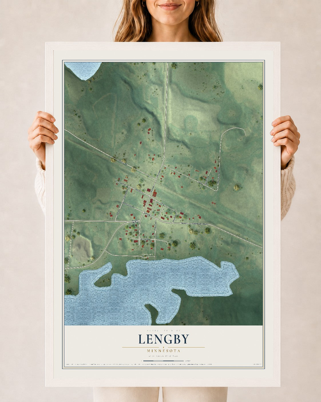 Map of Lengby, Minnesota, 24 x 36 inch print in a white wood frame
