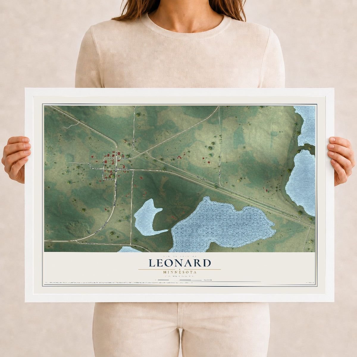 Map of Leonard, Minnesota, 12 x 18 inch print in a white wood frame