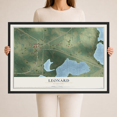 Map of Leonard, Minnesota, 24 x 36 inch print in a black wood frame